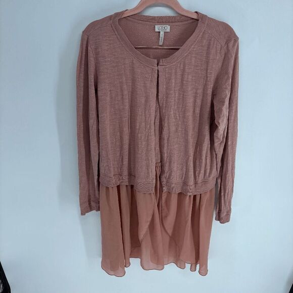 LOGO by Lori Goldstein Sweaters - LOGO By Lori Goldstein Women's Chiffon Trim Slub Knit Cardigan Pink Small